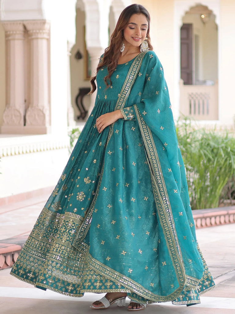 Enchanting Green Embroidered Silk Function Wear Gown With Dupatta
