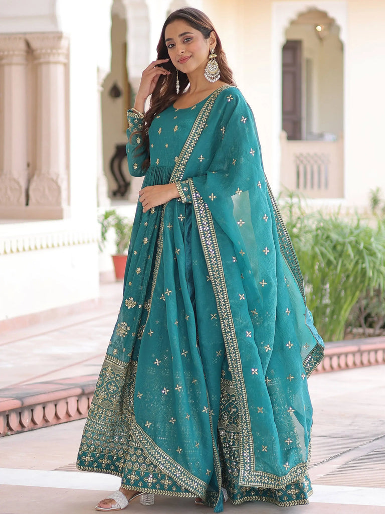 Enchanting Green Embroidered Silk Function Wear Gown With Dupatta