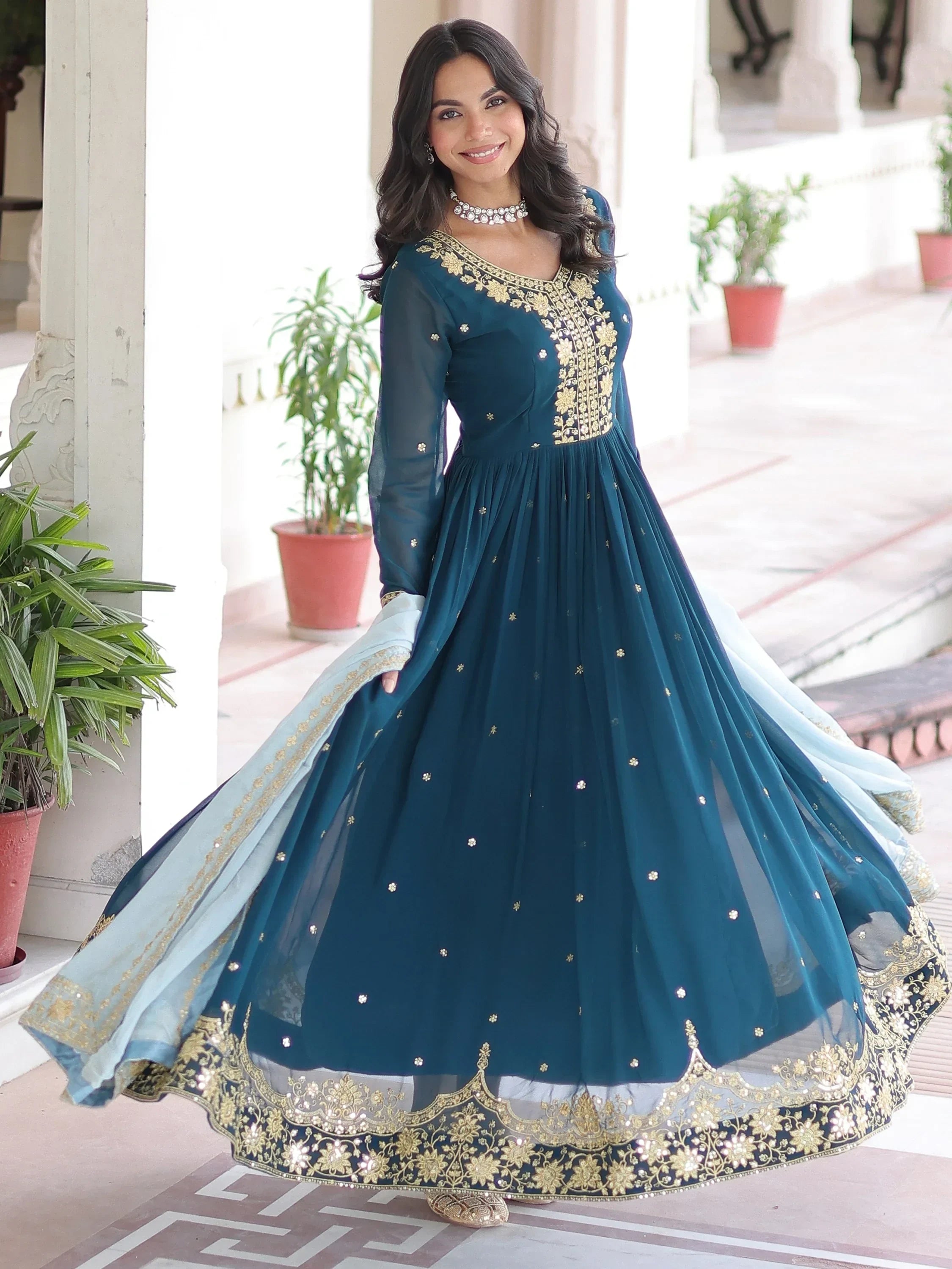Charming Teal Blue Sequins Wedding Wear Gown With Dupatta
