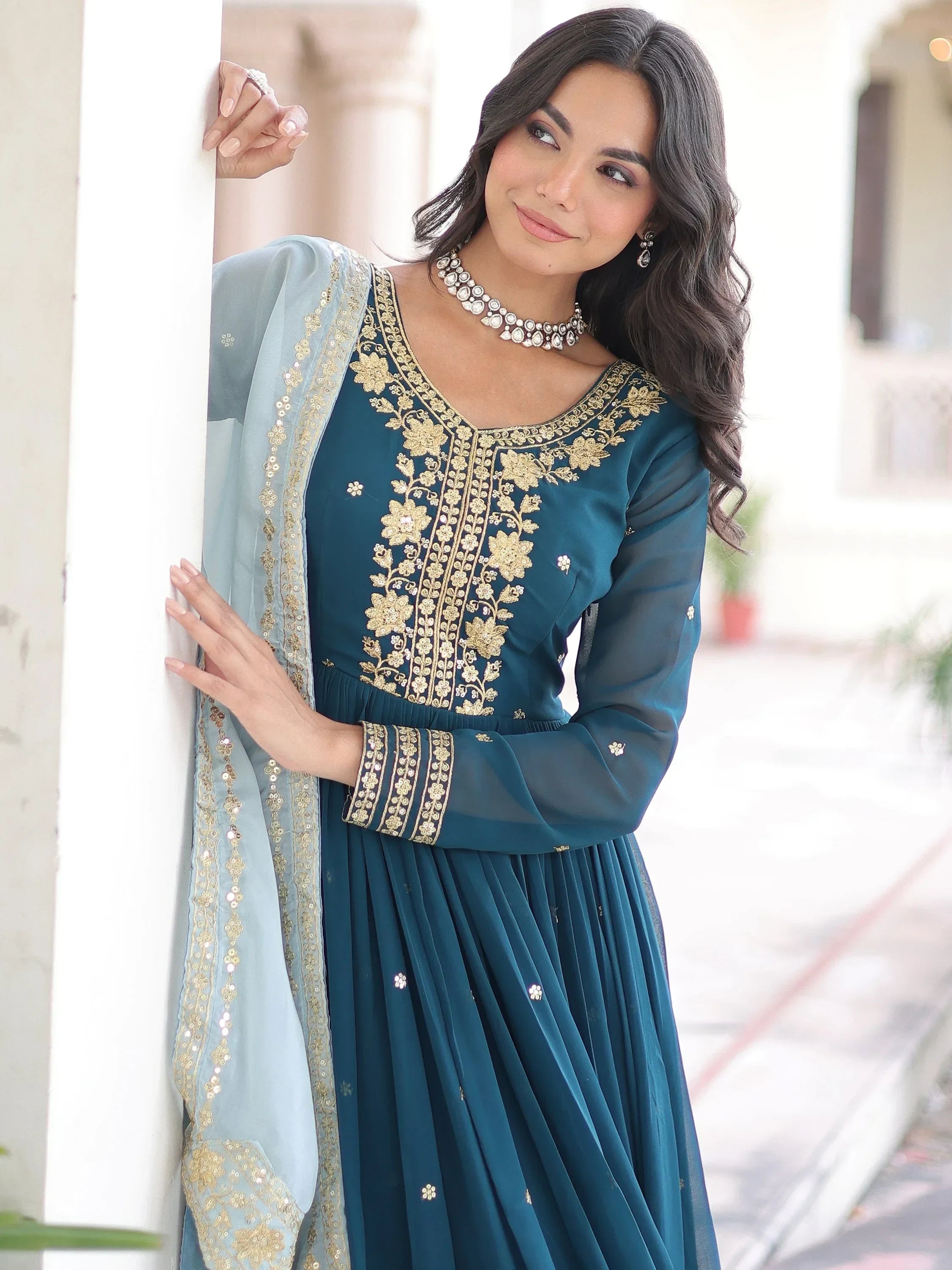 Charming Teal Blue Sequins Wedding Wear Gown With Dupatta