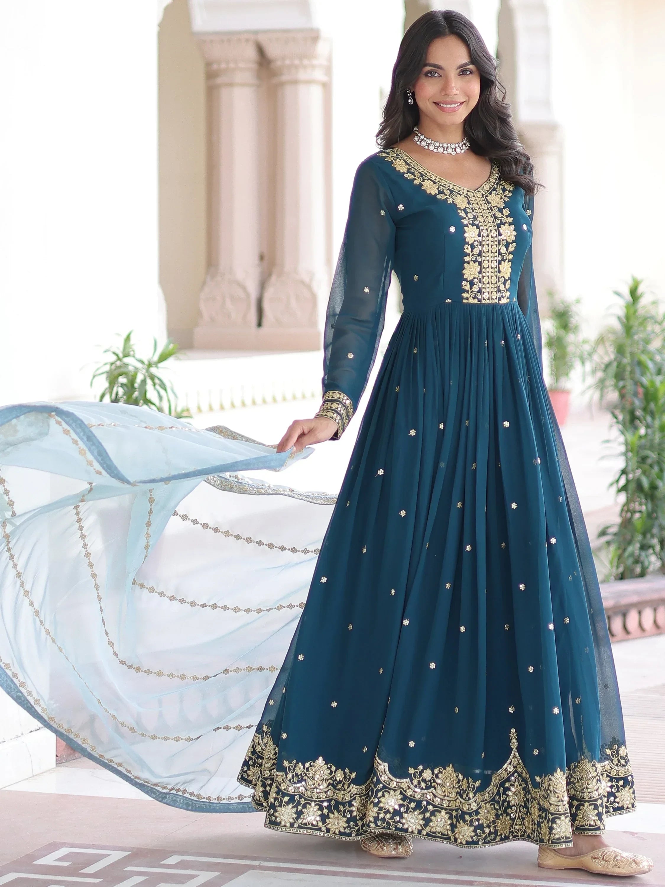 Charming Teal Blue Sequins Wedding Wear Gown With Dupatta