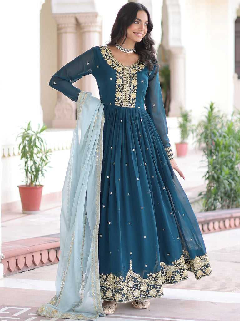 Charming Teal Blue Sequins Wedding Wear Gown With Dupatta