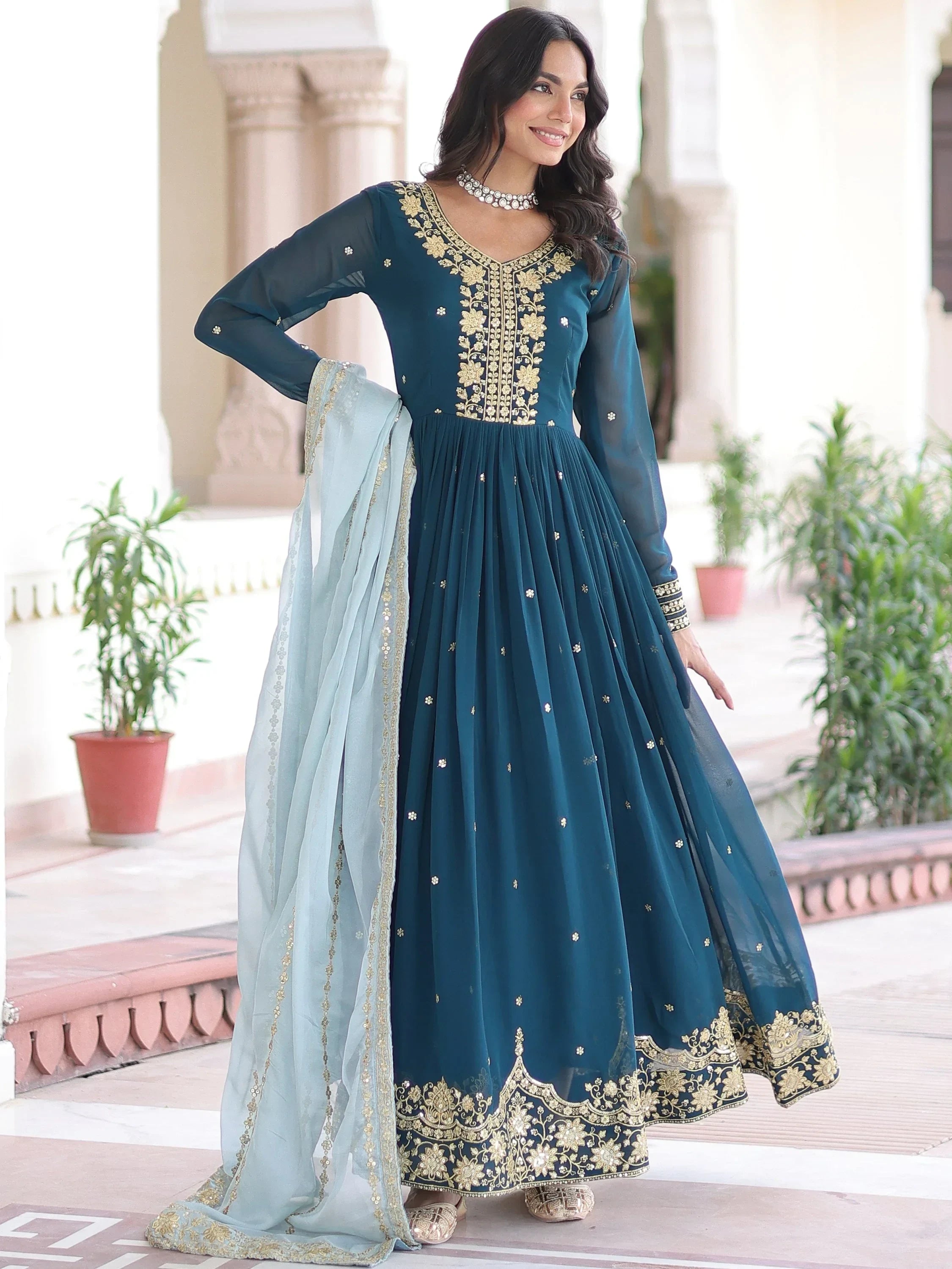 Charming Teal Blue Sequins Wedding Wear Gown With Dupatta