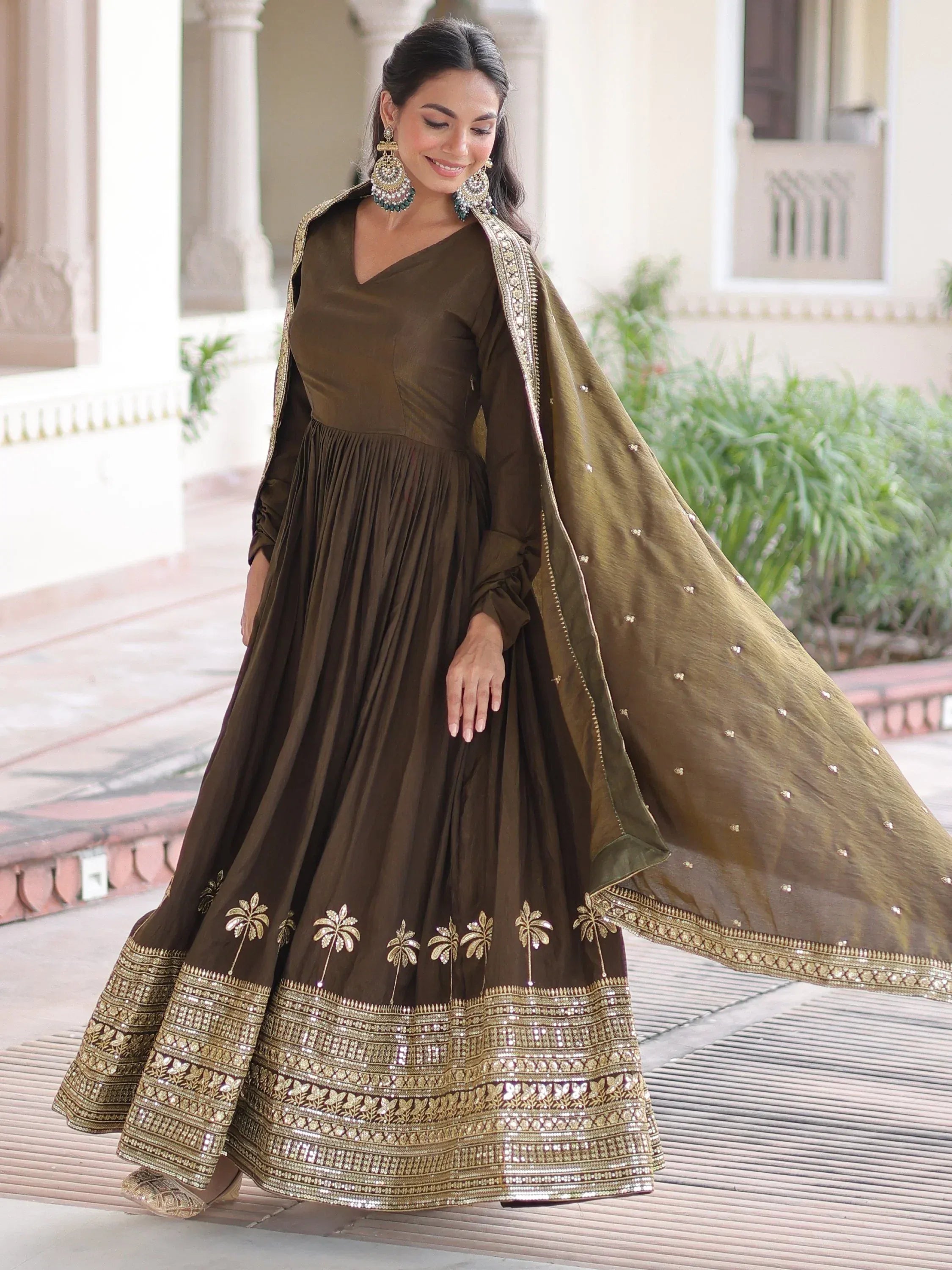 Wonderful Mehendi Green Sequins Silk Wedding Wear Anarkali Gown With Dupatta