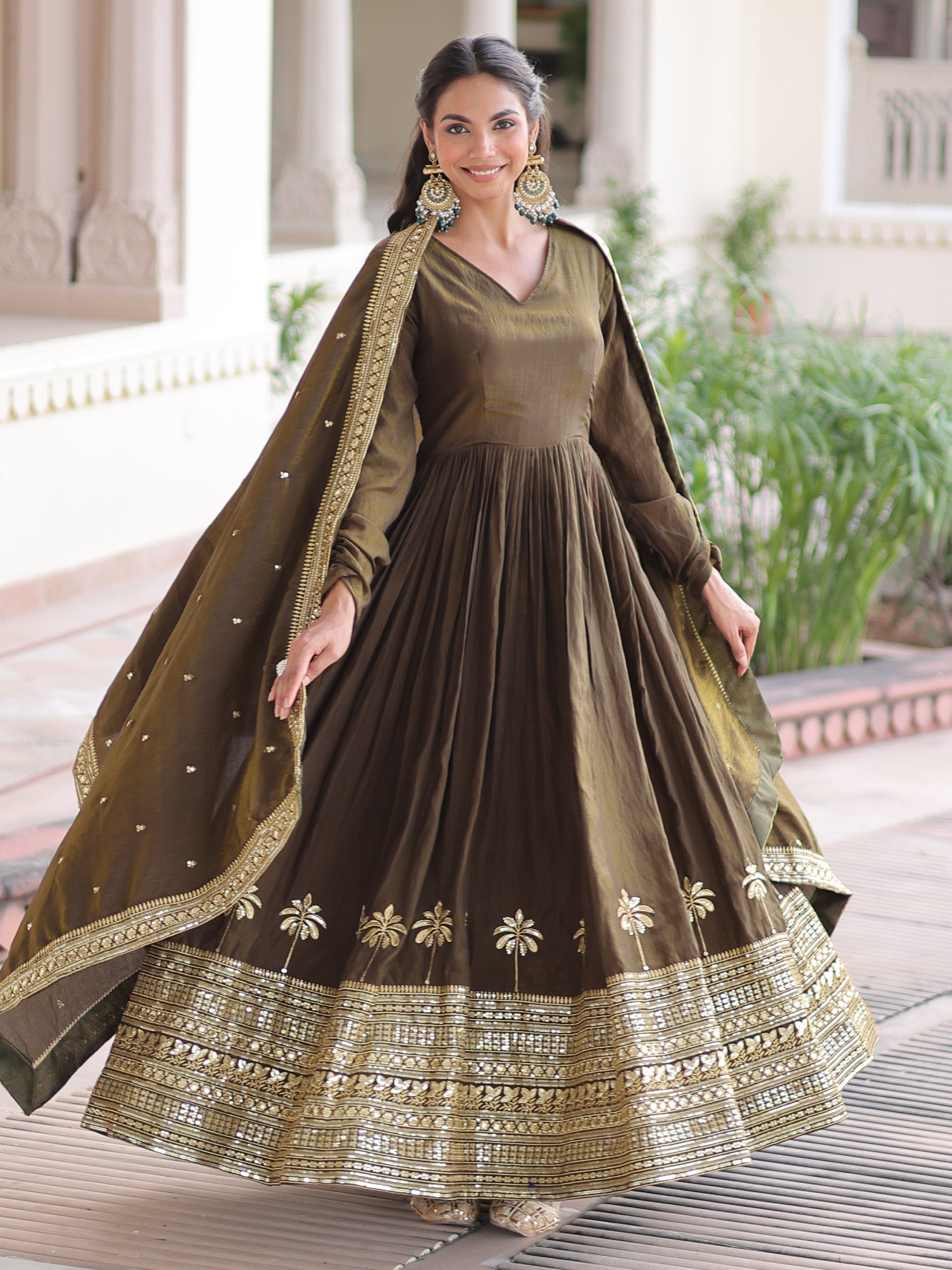 Wonderful Mehendi Green Sequins Silk Wedding Wear Anarkali Gown With Dupatta