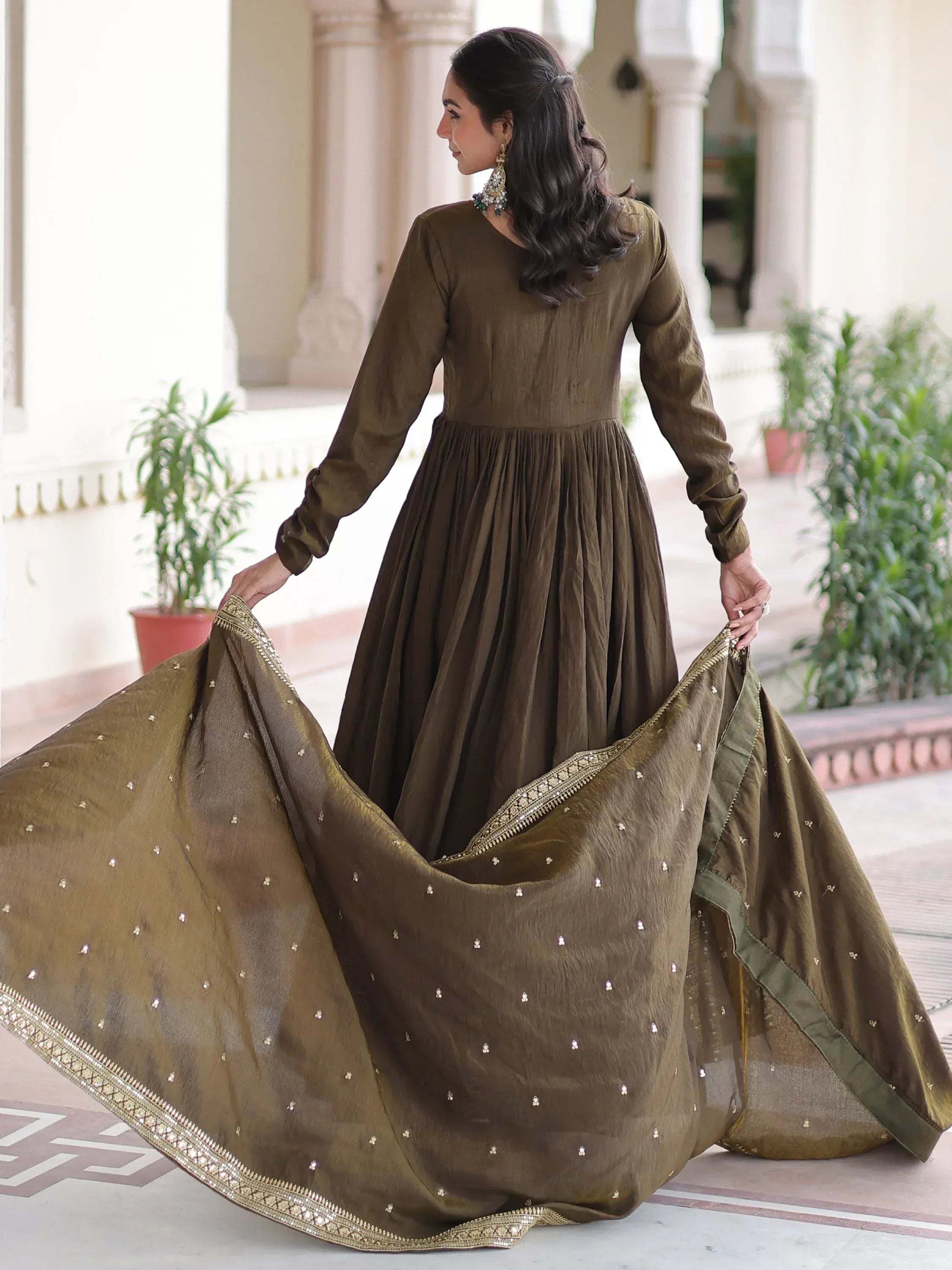 Wonderful Mehendi Green Sequins Silk Wedding Wear Anarkali Gown With Dupatta