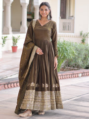 Wonderful Mehendi Green Sequins Silk Wedding Wear Anarkali Gown With Dupatta