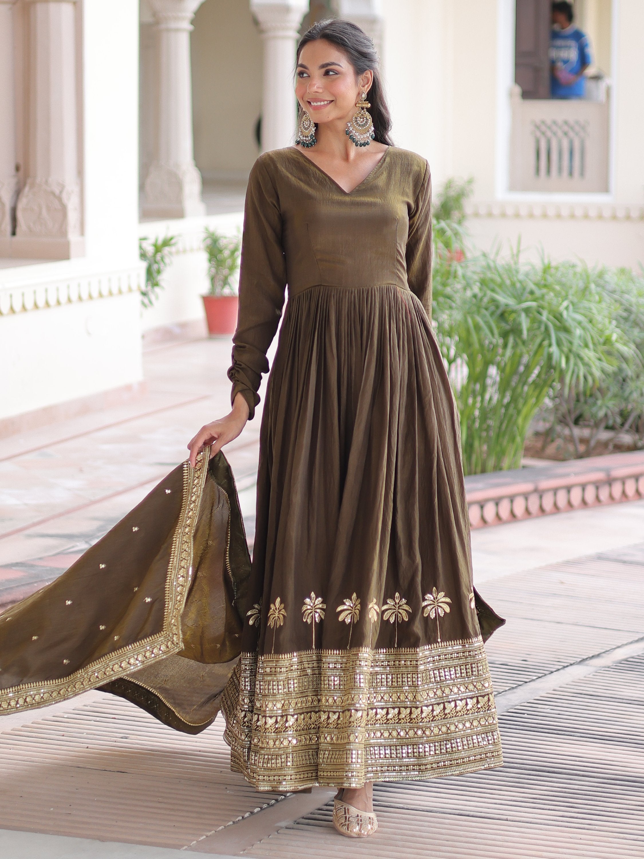 Wonderful Mehendi Green Sequins Silk Wedding Wear Anarkali Gown With Dupatta