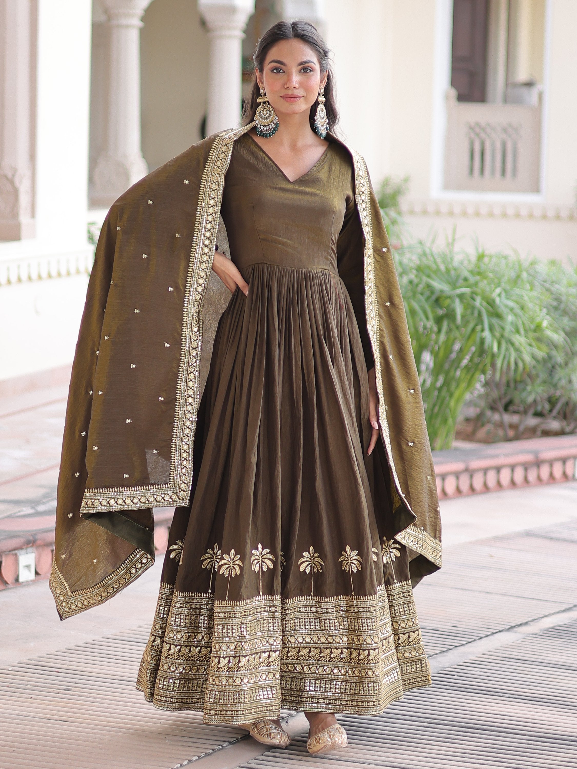 Wonderful Mehendi Green Sequins Silk Wedding Wear Anarkali Gown With Dupatta
