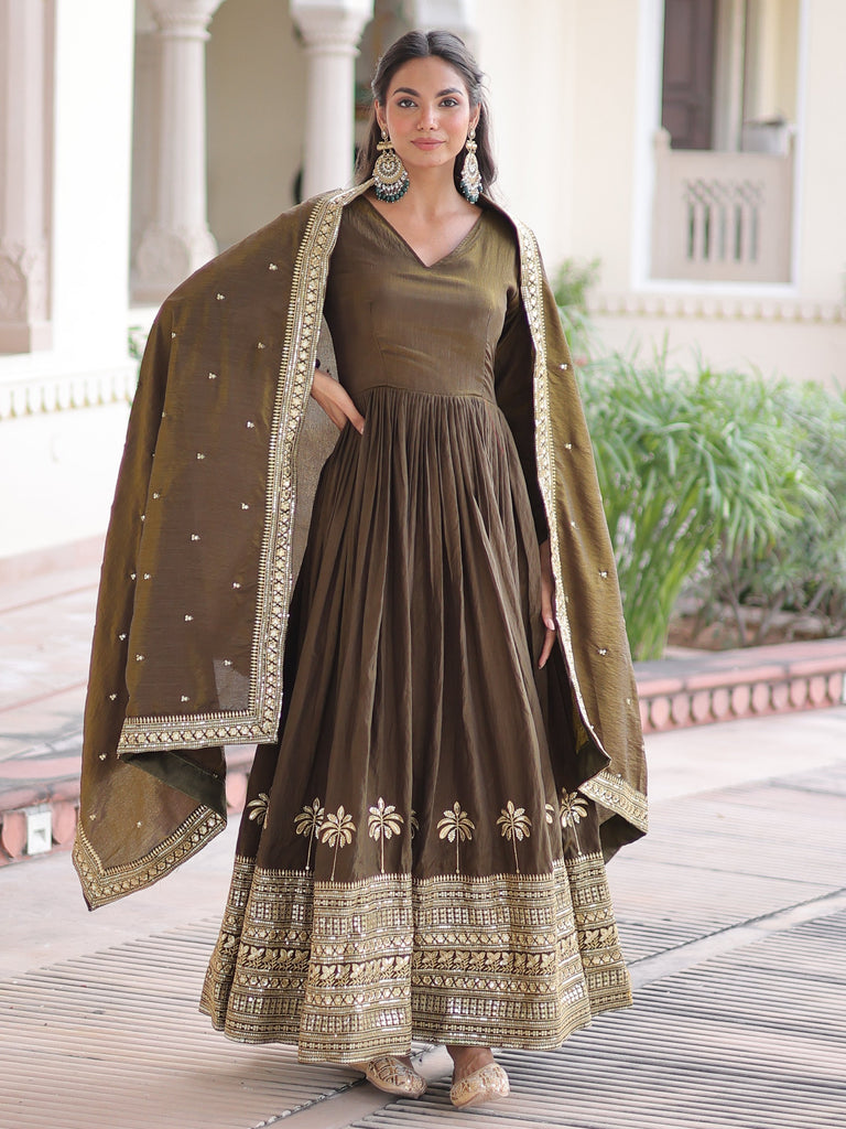 Wonderful Mehendi Green Sequins Silk Wedding Wear Anarkali Gown With Dupatta