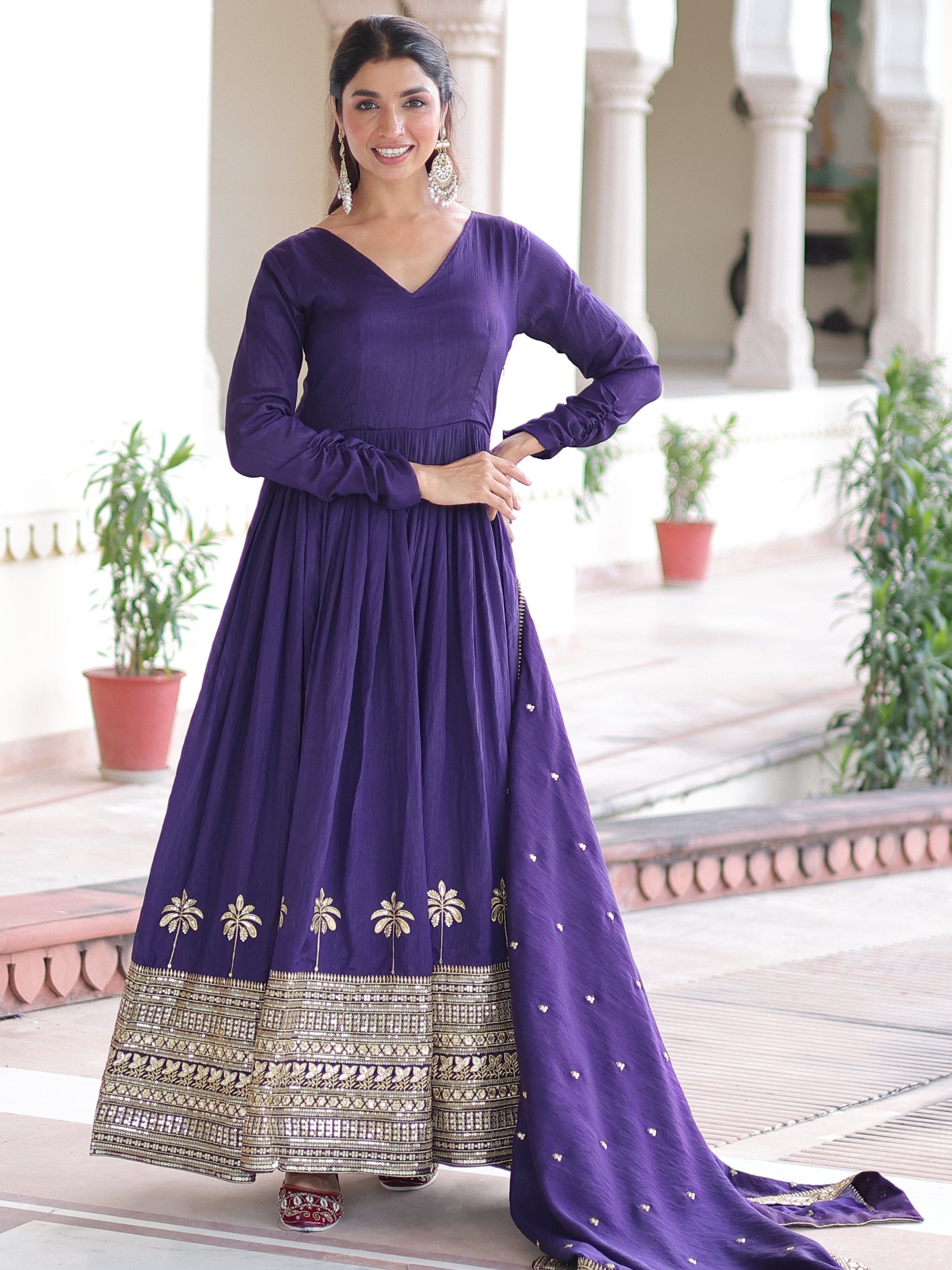 Admirable Purple Sequins Silk Festive Wear Anarkali Gown With Dupatta