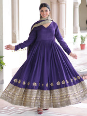 Admirable Purple Sequins Silk Festive Wear Anarkali Gown With Dupatta