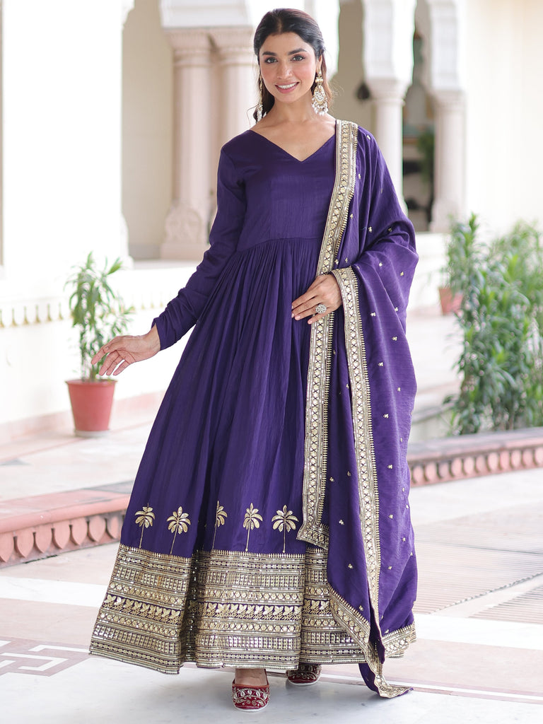 Admirable Purple Sequins Silk Festive Wear Anarkali Gown With Dupatta