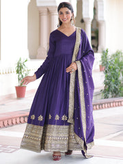 Admirable Purple Sequins Silk Festive Wear Anarkali Gown With Dupatta