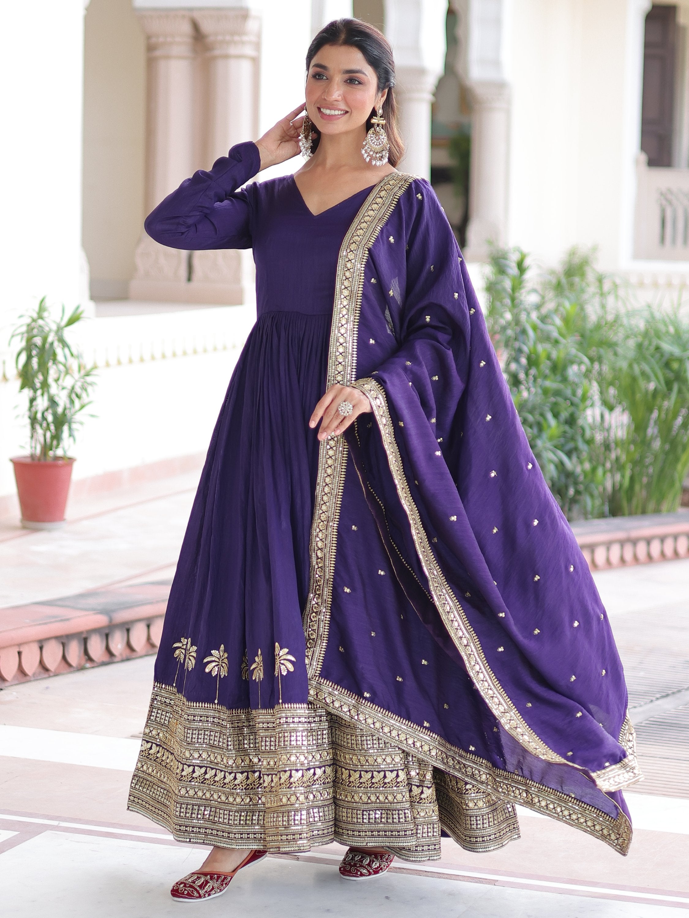 Admirable Purple Sequins Silk Festive Wear Anarkali Gown With Dupatta