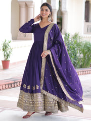 Admirable Purple Sequins Silk Festive Wear Anarkali Gown With Dupatta