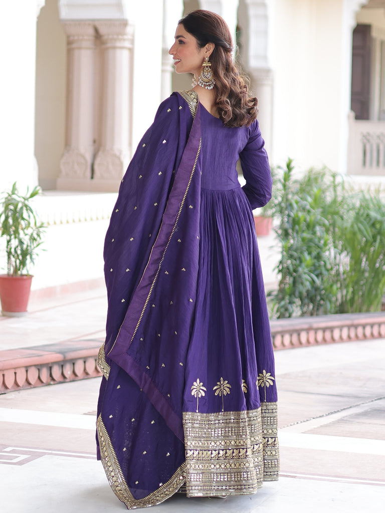 Admirable Purple Sequins Silk Festive Wear Anarkali Gown With Dupatta