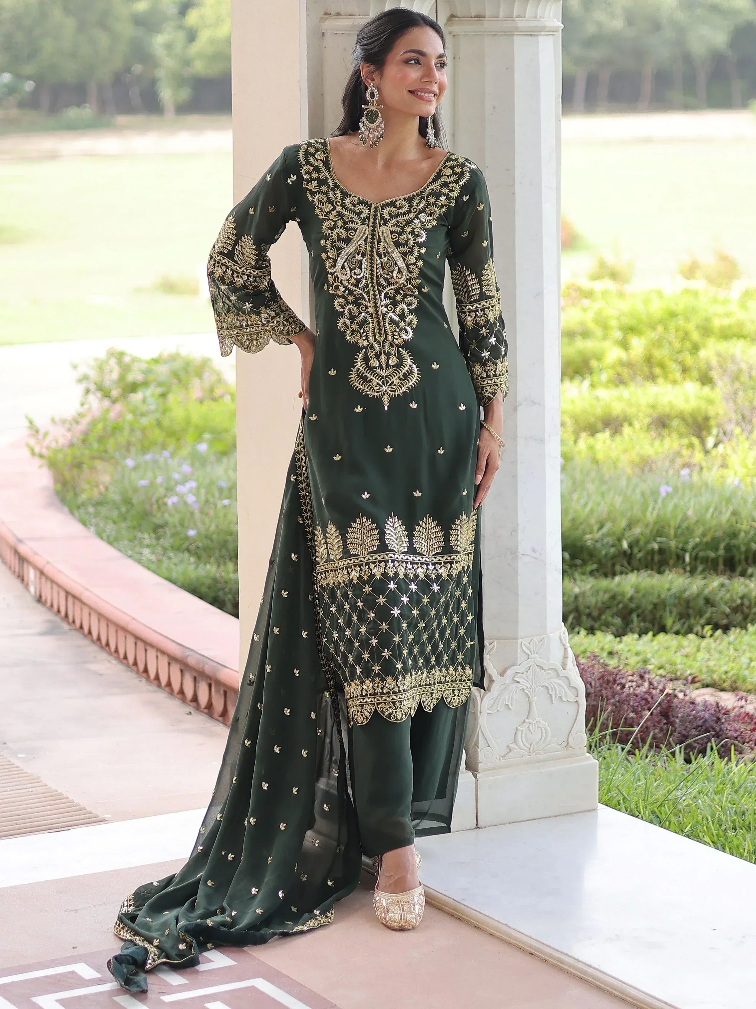 Fantastic Green Embroidered Georgette Festive Wear Salwar Kameez