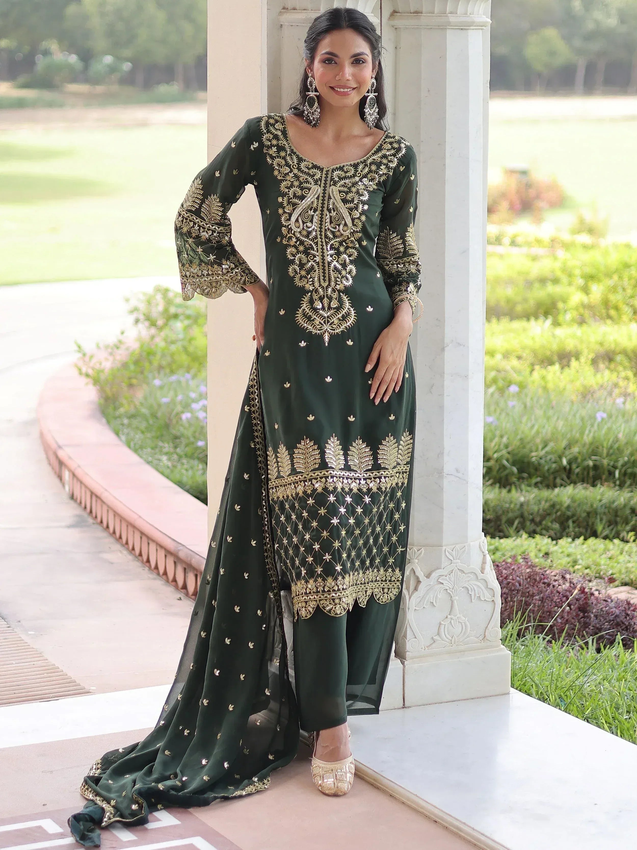 Fantastic Green Embroidered Georgette Festive Wear Salwar Kameez