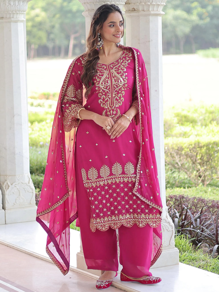 Fabulous Pink Embroidered Georgette Wedding Wear Salwar Kameez