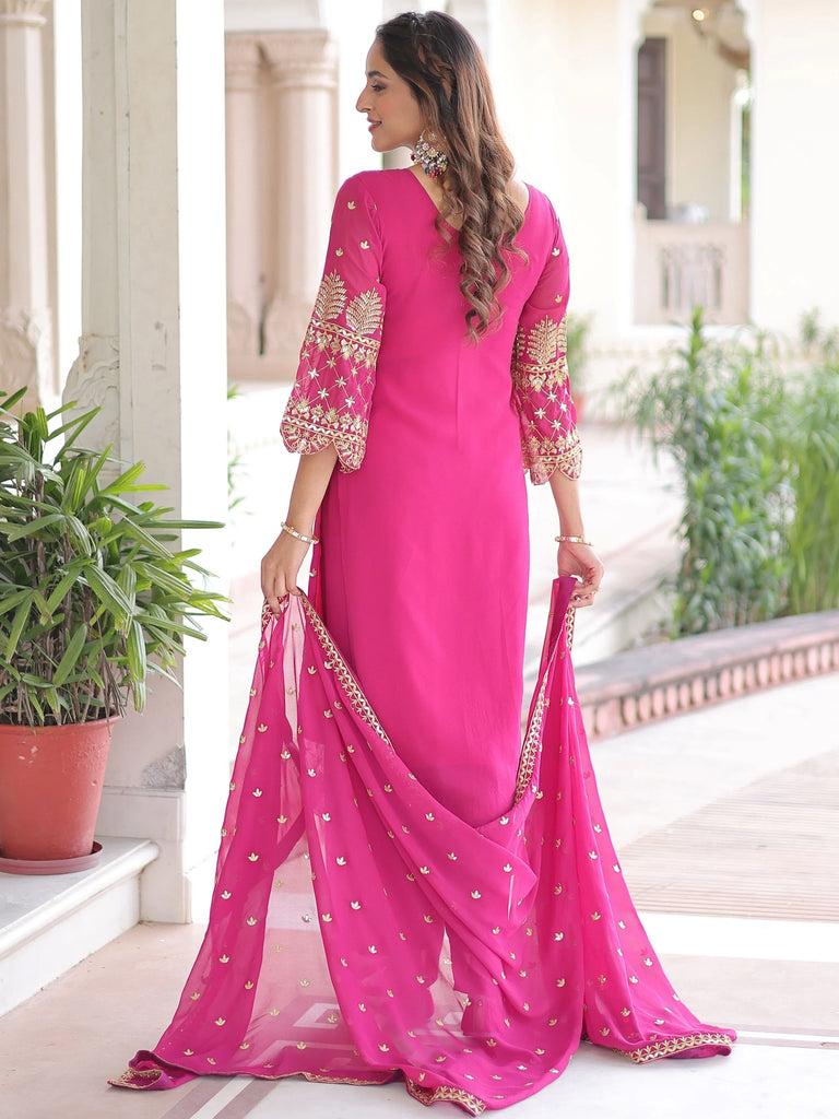 Fabulous Pink Embroidered Georgette Wedding Wear Salwar Kameez