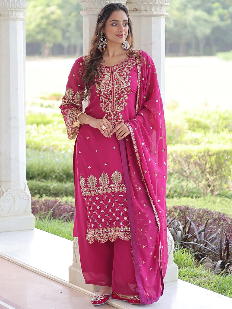 Fabulous Pink Embroidered Georgette Wedding Wear Salwar Kameez