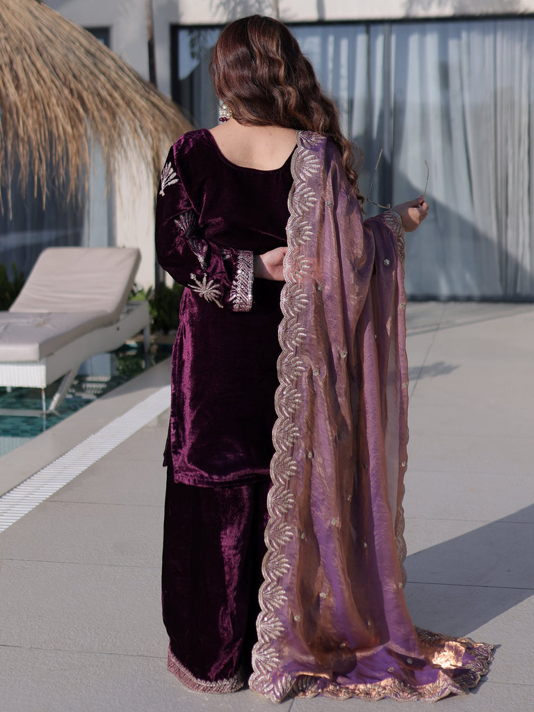 Adorable Wine Zari Embroidered Velvet Wedding Wear Palazzo Suit