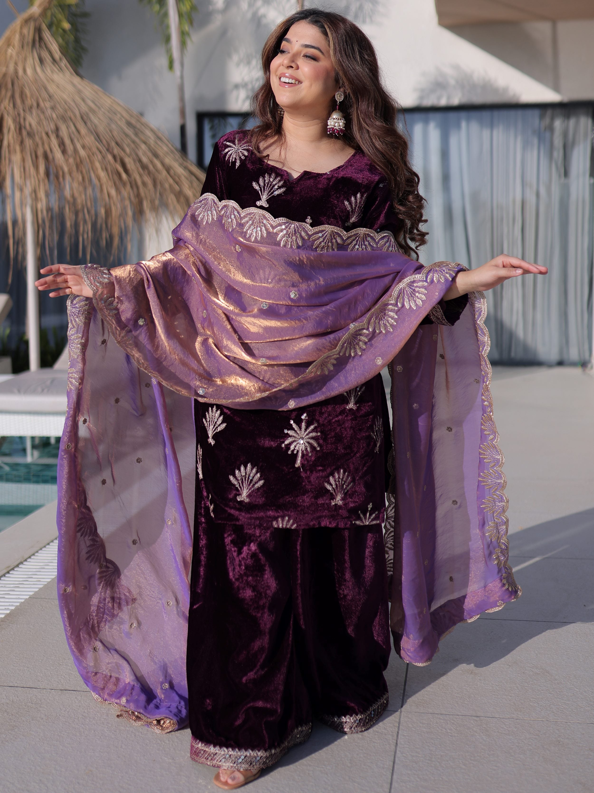 Adorable Wine Zari Embroidered Velvet Wedding Wear Palazzo Suit