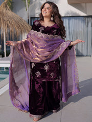 Adorable Wine Zari Embroidered Velvet Wedding Wear Palazzo Suit