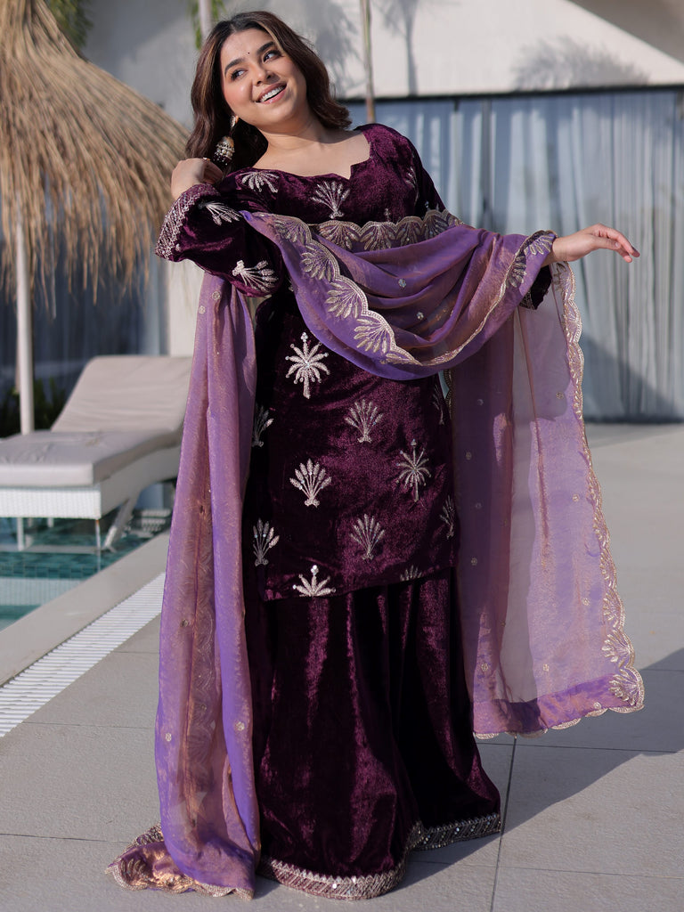 Adorable Wine Zari Embroidered Velvet Wedding Wear Palazzo Suit