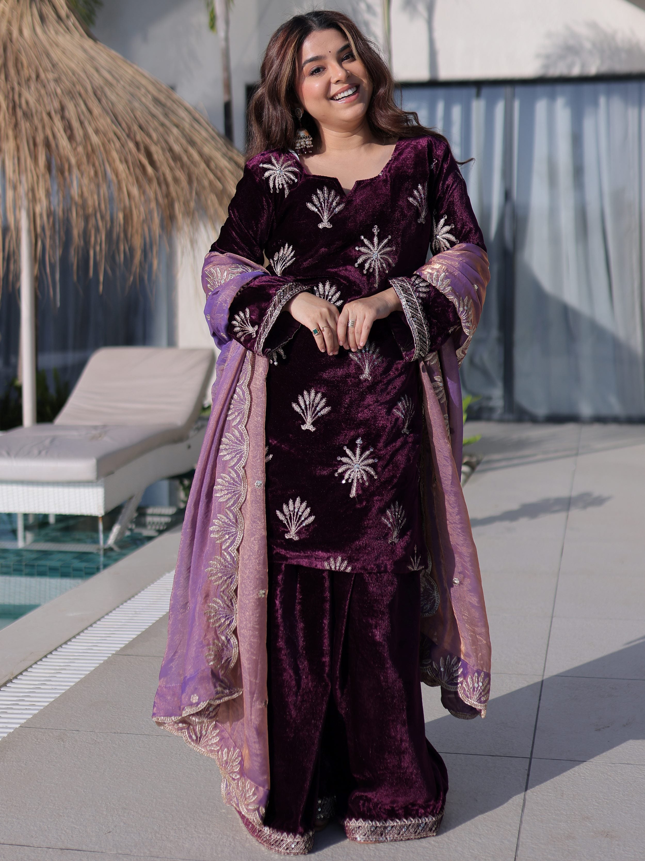 Adorable Wine Zari Embroidered Velvet Wedding Wear Palazzo Suit