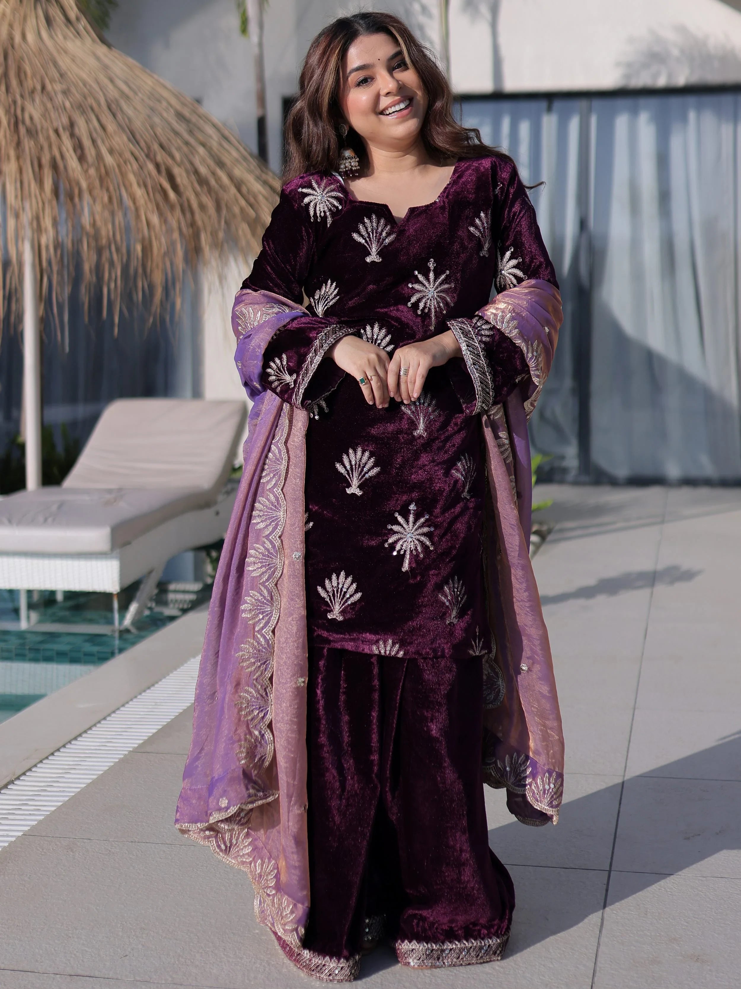 Adorable Wine Zari Embroidered Velvet Wedding Wear Palazzo Suit