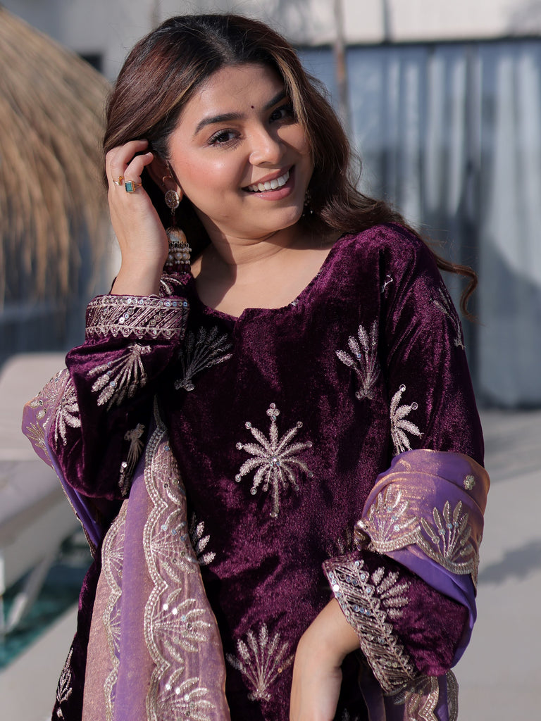 Adorable Wine Zari Embroidered Velvet Wedding Wear Palazzo Suit