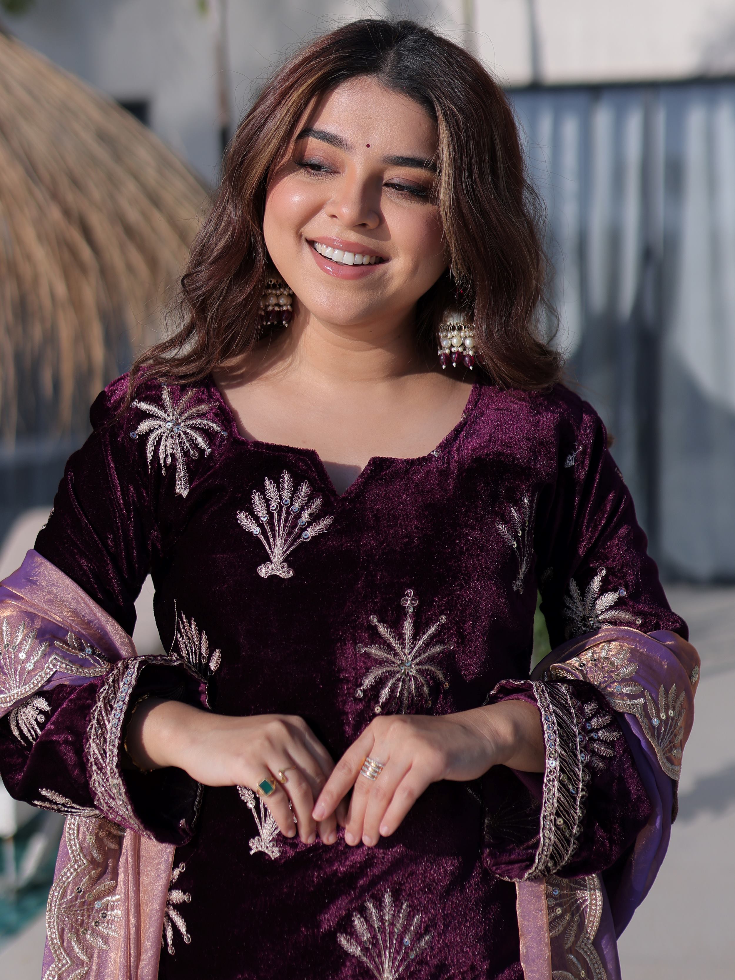 Adorable Wine Zari Embroidered Velvet Wedding Wear Palazzo Suit