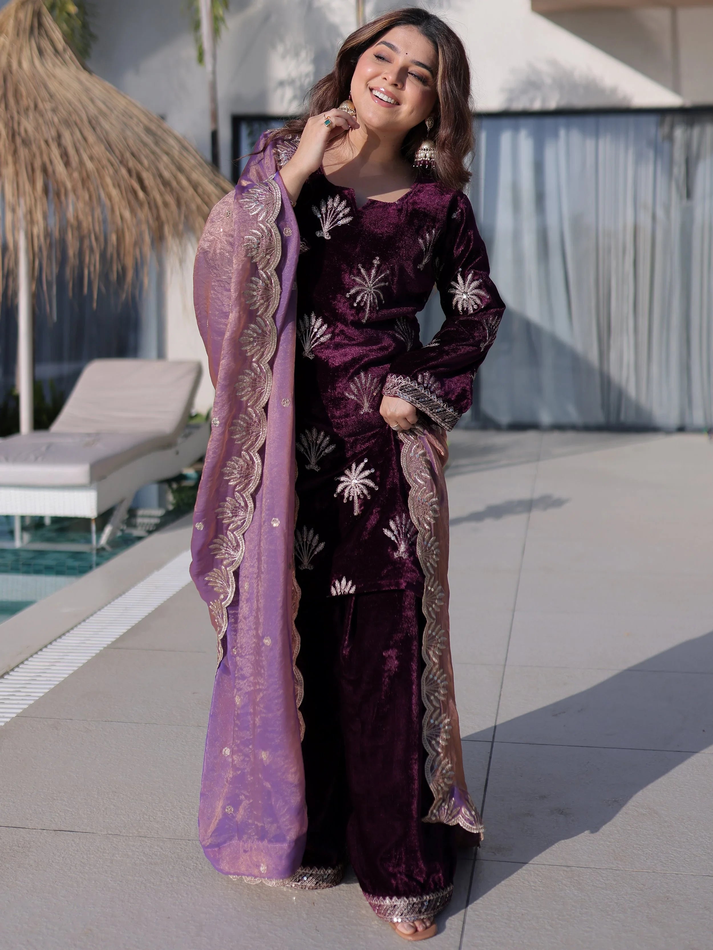 Adorable Wine Zari Embroidered Velvet Wedding Wear Palazzo Suit