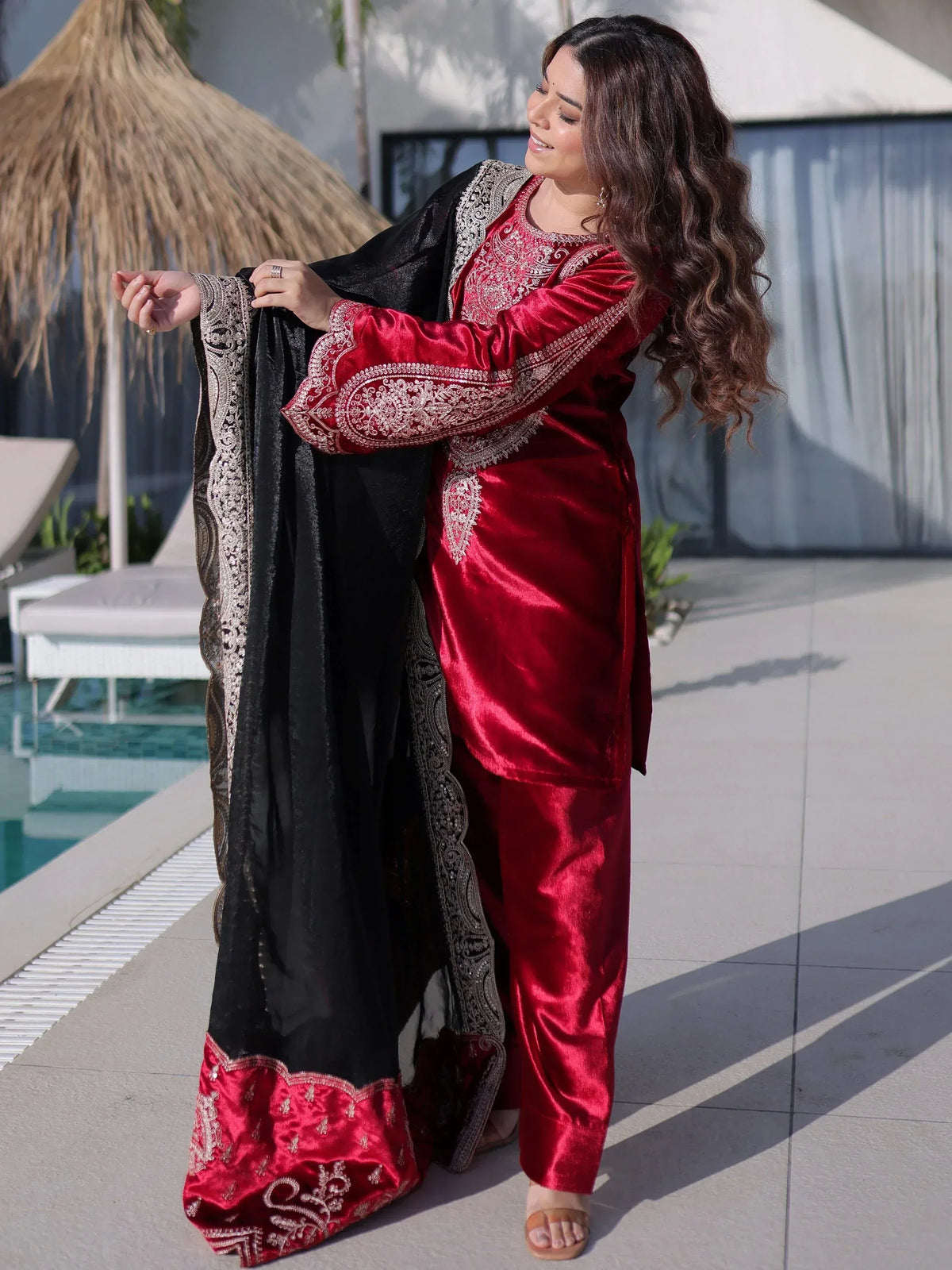 Red velvet salwar kameez with black dupatta, ethnic wear for women, designer Indian outfit
