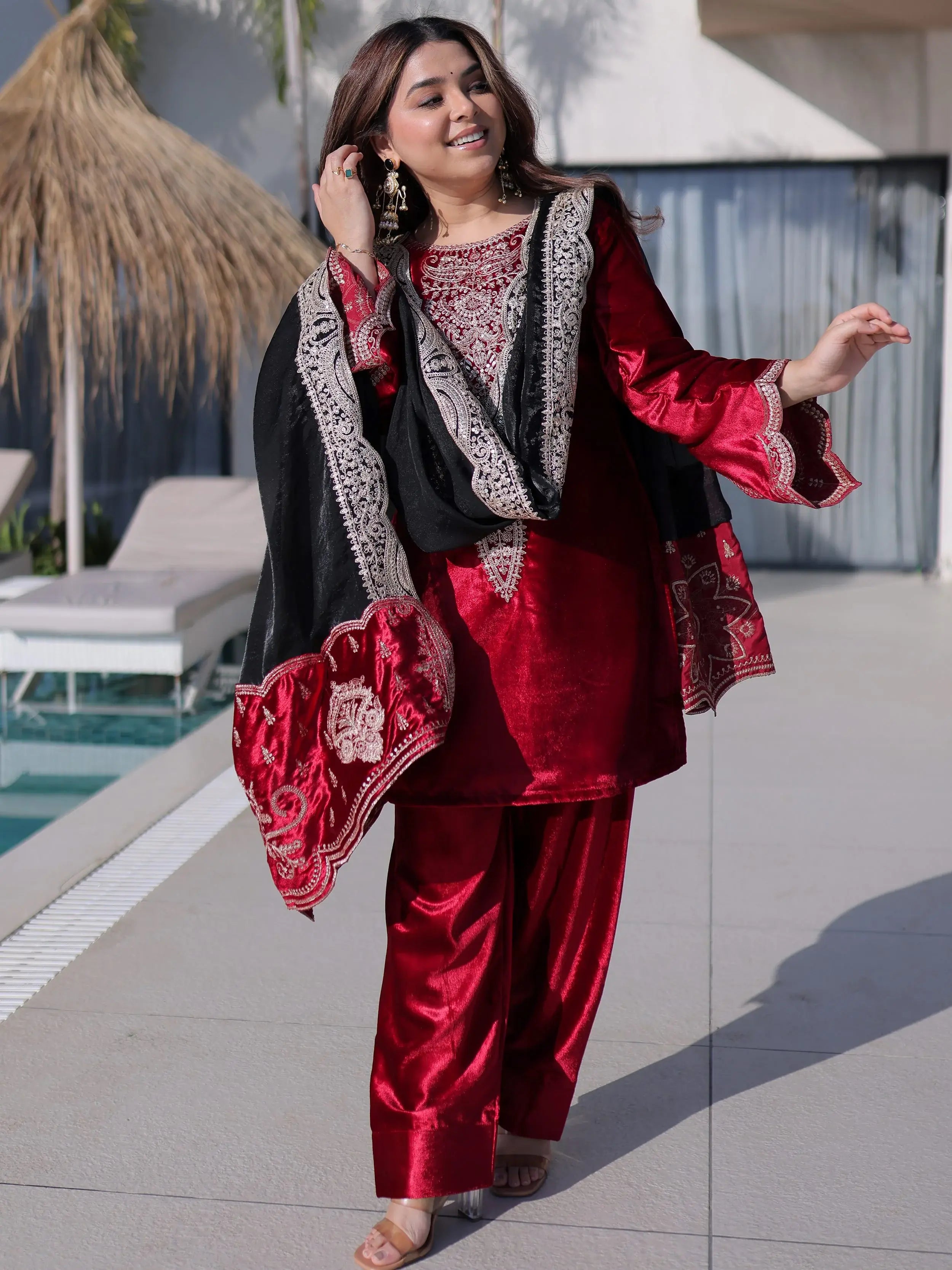 Sparkling Red Zari Embroidered Velvet  Festive Wear Salwar Kameez