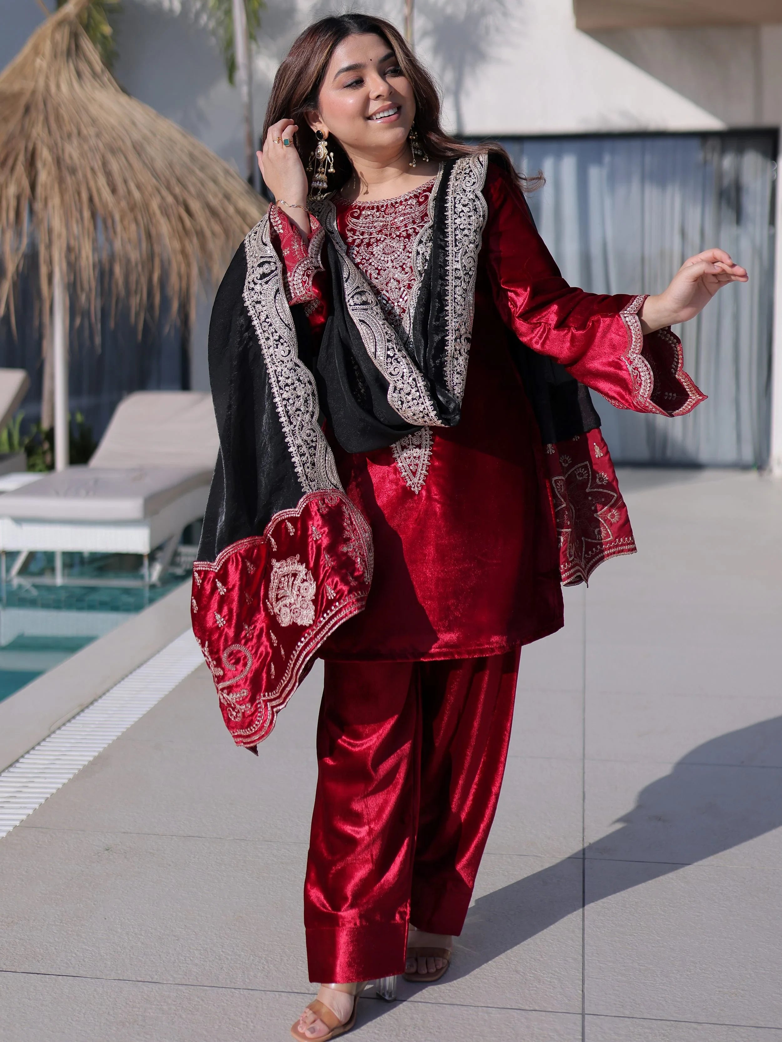 Sparkling Red Zari Embroidered Velvet  Festive Wear Salwar Kameez
