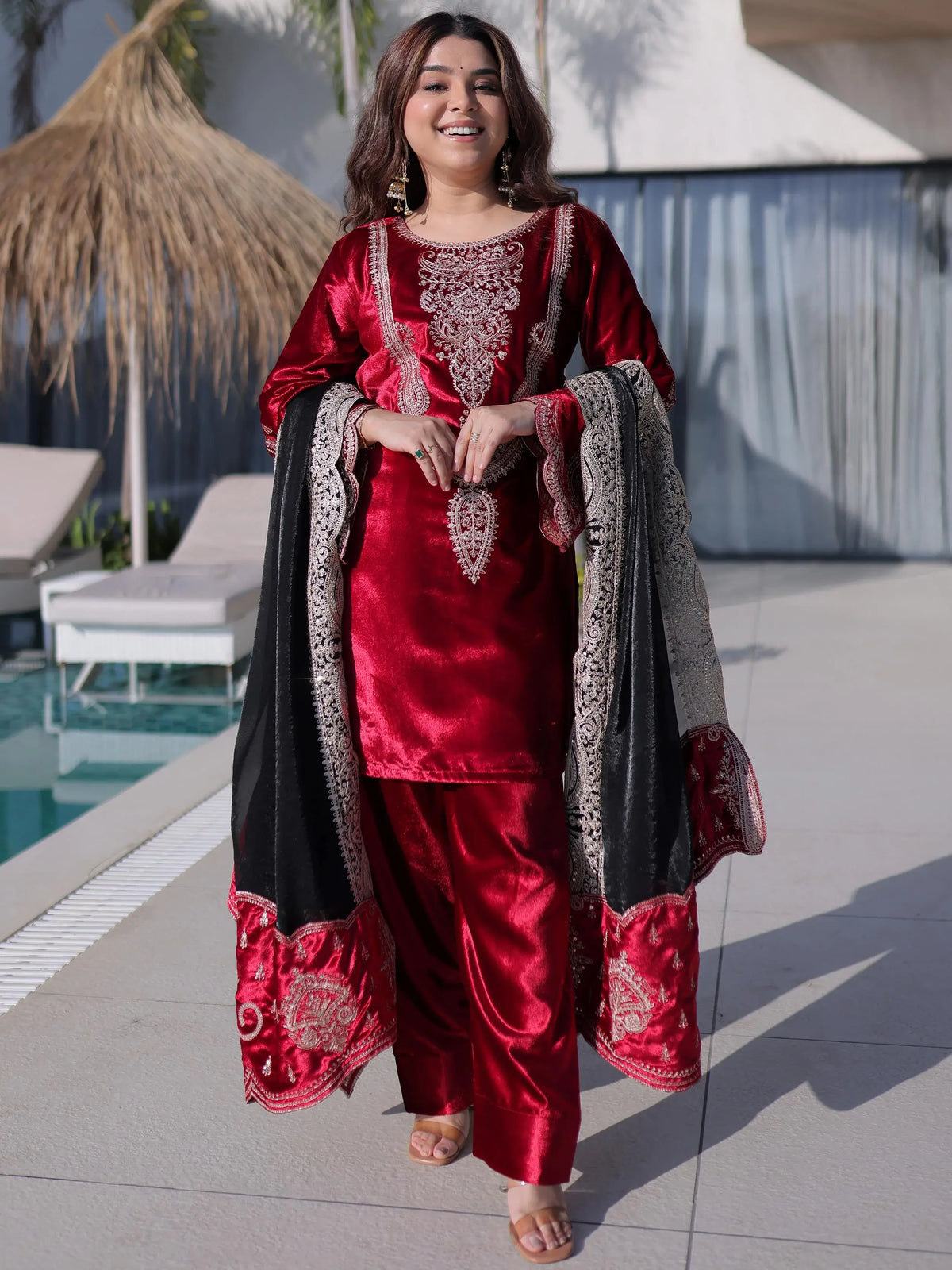 Sparkling Red Zari Embroidered Velvet  Festive Wear Salwar Kameez