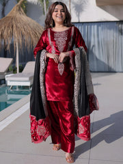 Sparkling Red Zari Embroidered Velvet  Festive Wear Salwar Kameez