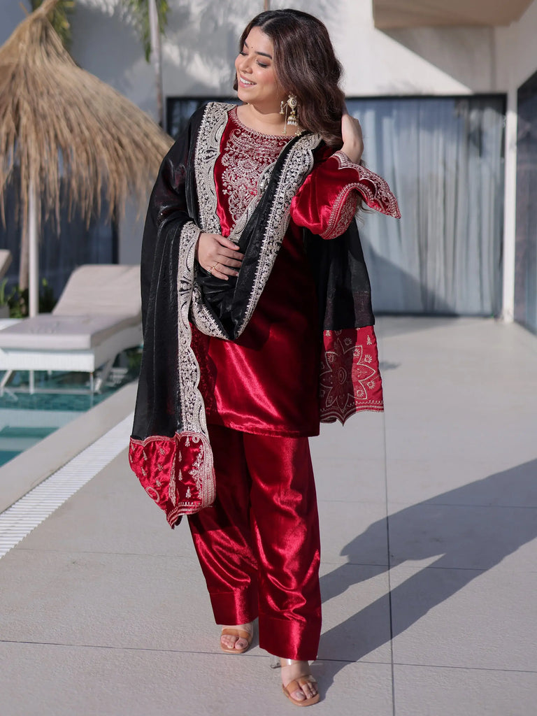 Sparkling Red Zari Embroidered Velvet  Festive Wear Salwar Kameez