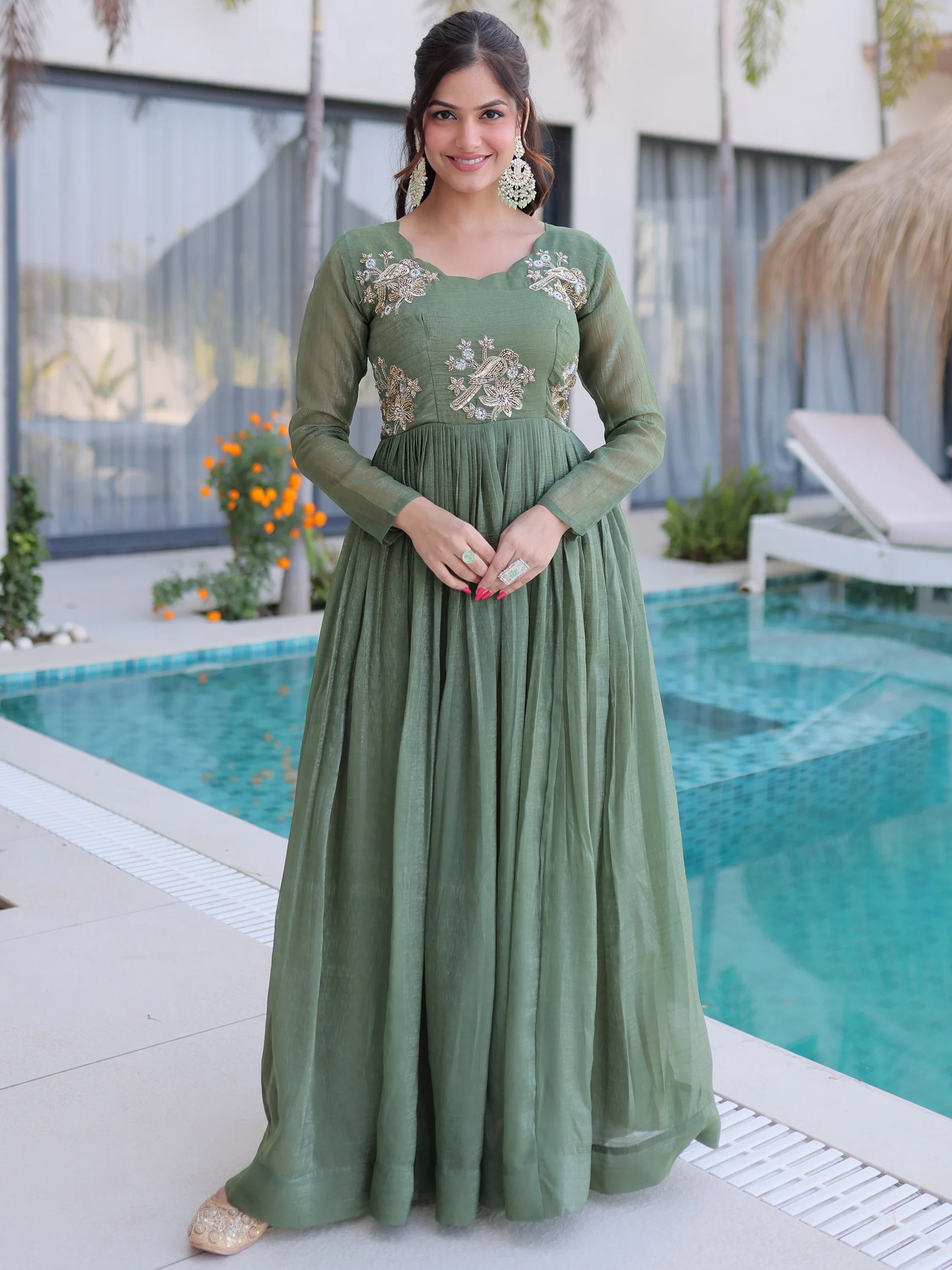 Fascinating Green Bead Work Georgette Mehendi Wear Gown