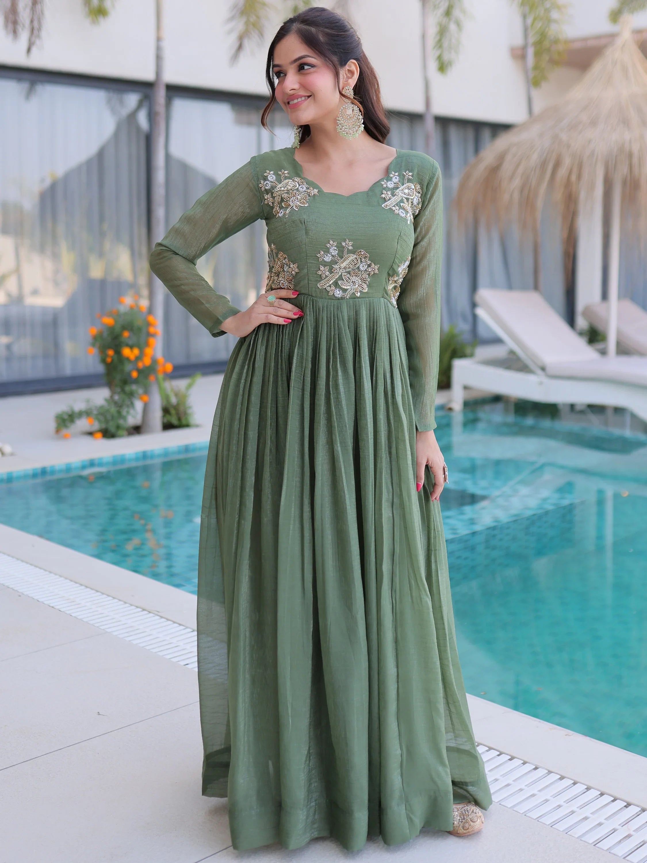 Fascinating Green Bead Work Georgette Mehendi Wear Gown