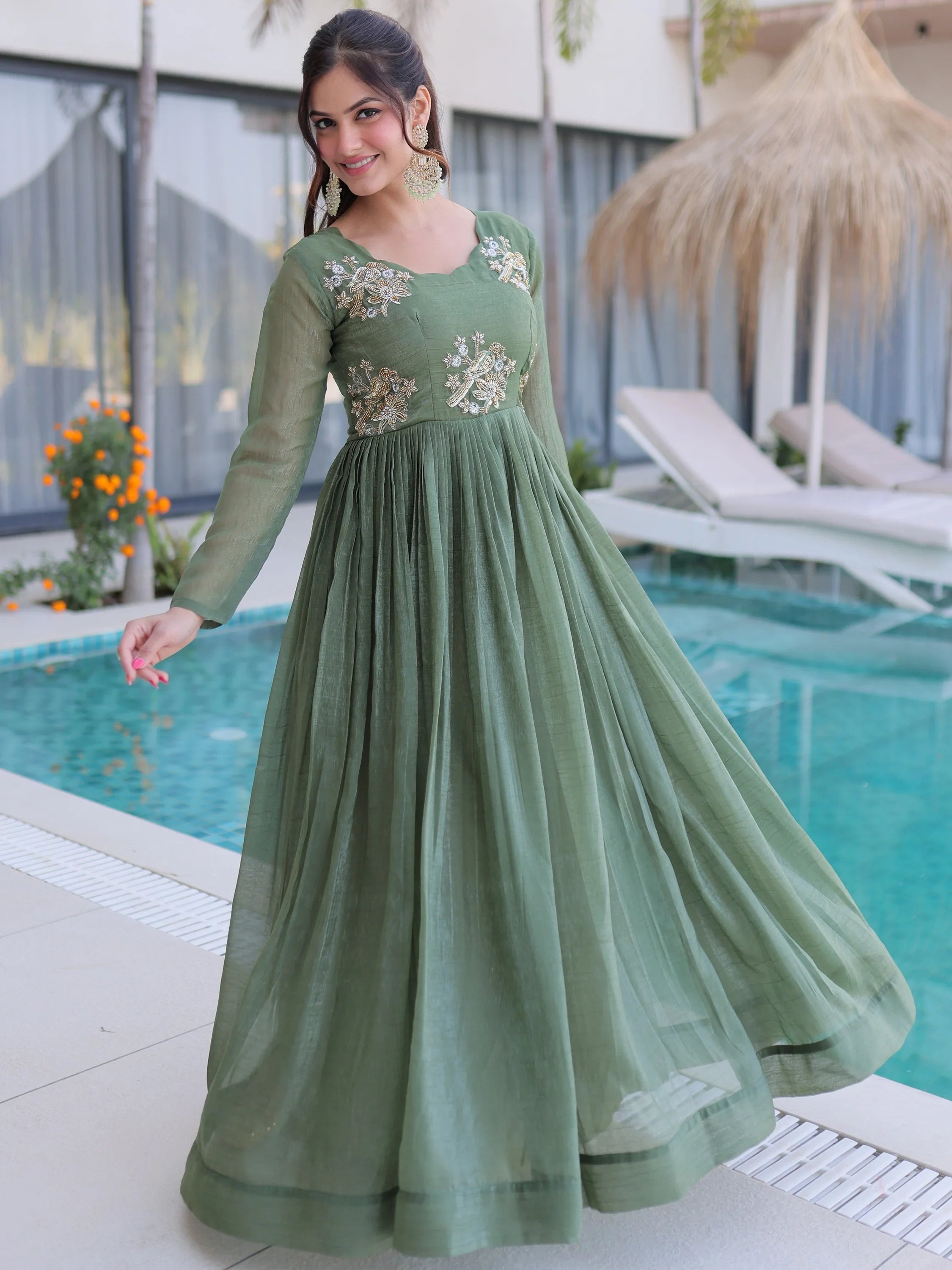 Fascinating Green Bead Work Georgette Mehendi Wear Gown