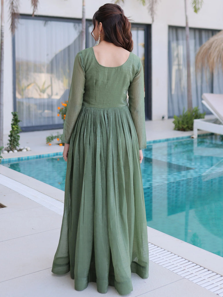 Fascinating Green Bead Work Georgette Mehendi Wear Gown