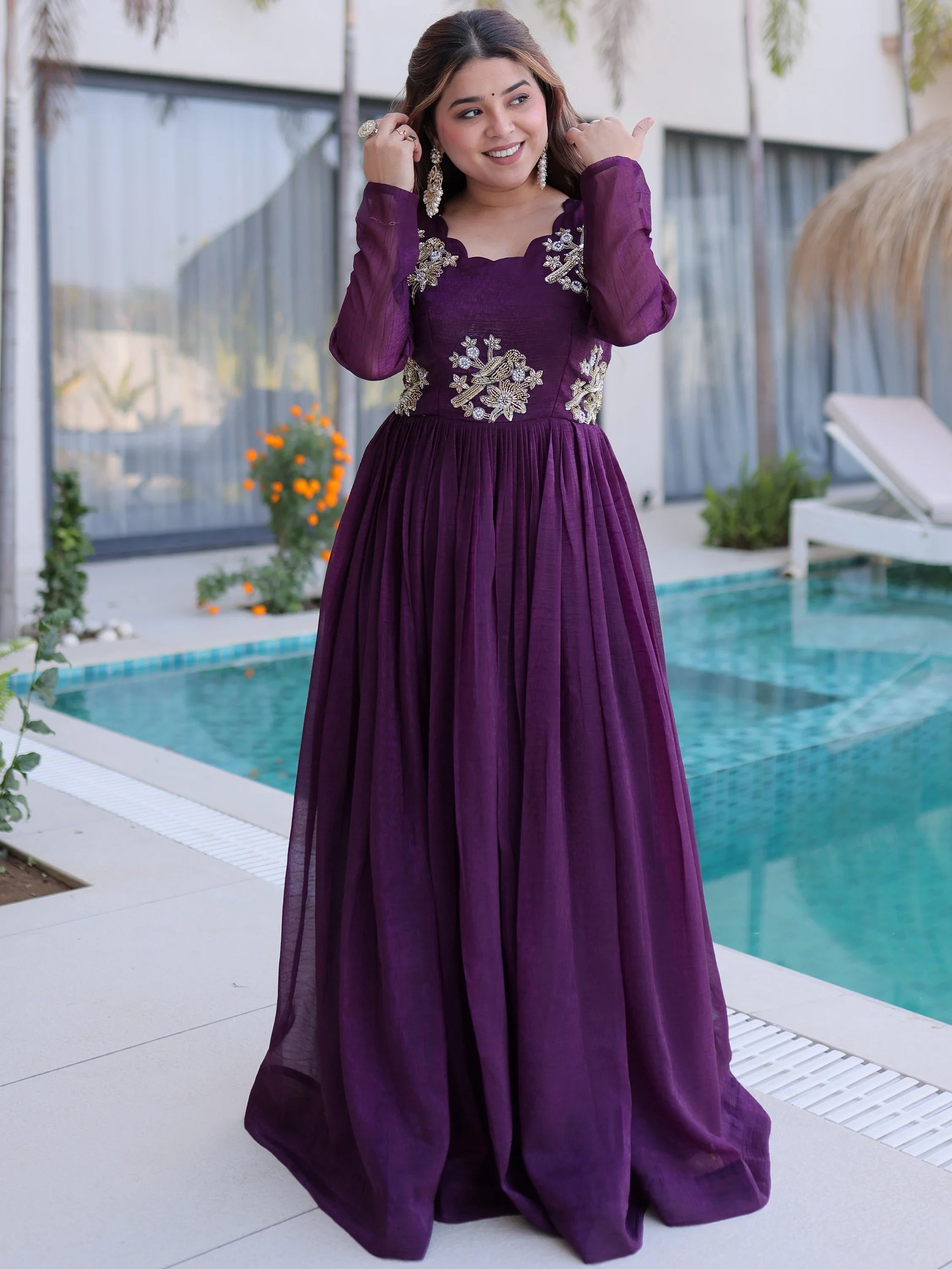 Tantalizing Wine Bead Work Georgette Event Wear Gown