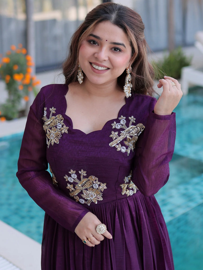 Tantalizing Wine Bead Work Georgette Event Wear Gown