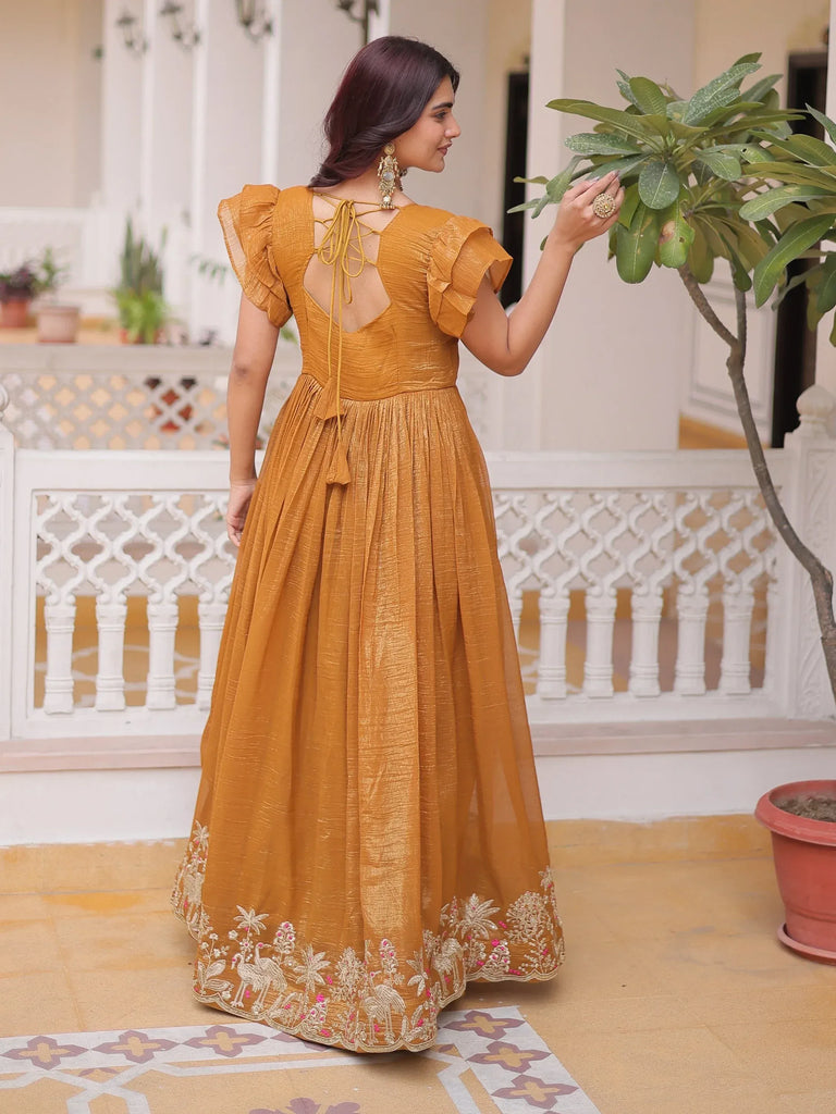 Precious Yellow Sequins Organza Haldi Wear Gown