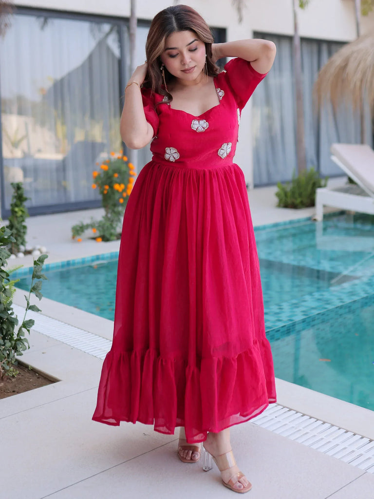 Red ethnic gown with floral embroidery, perfect for Indian festive occasions and poolside events