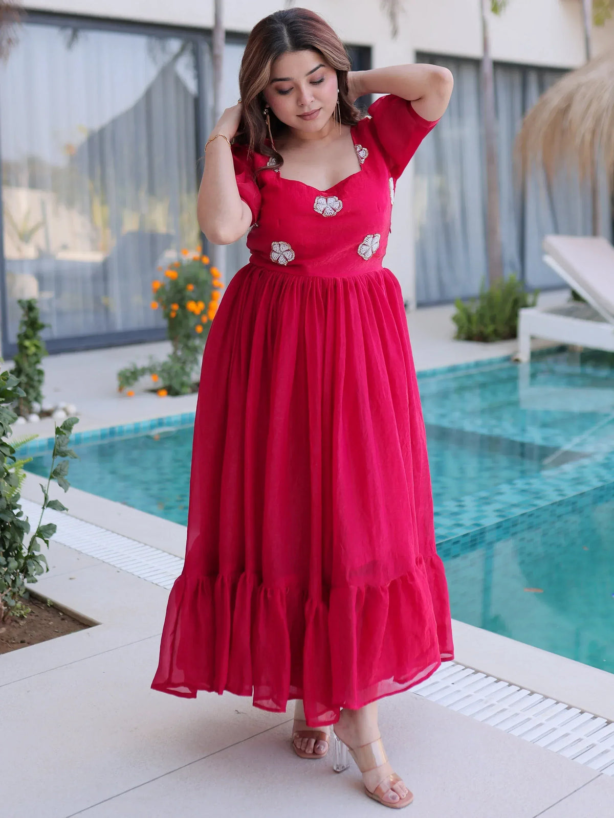 Red ethnic gown with floral embroidery, perfect for Indian festive occasions and poolside events